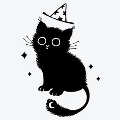 a black cat with a party hat on it's head and stars around its neck