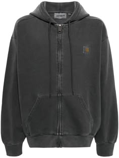 charcoal grey cotton appliqué logo drawstring hood front zip fastening drop shoulder long sleeves two side pouch pockets ribbed trim straight hem When buying this unisex item, keep in mind that it is graded in standard men's sizing.