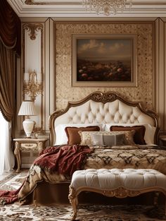 a large bed sitting in a bedroom on top of a carpeted floor next to a window