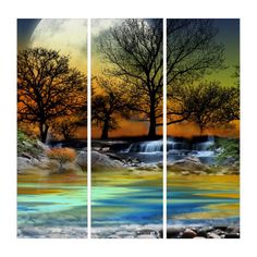 three panels with trees in the background and water running through them, each panel has an image of a waterfall at sunset