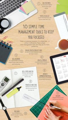 an image of office supplies on a desk with the title 10 simple time management tools to keep you focused