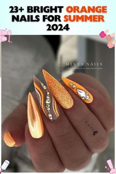 Discover 23+ hot orange summer nail ideas for 2024 to brighten up your look! Get inspired with these trendy designs. Gold Orange Nails, Apricot Nails, Red Chrome Nails, Pink Chrome Nails, Fall Nail Art Designs, 2024 Nails, Fancy Nails Designs, Nails Design With Rhinestones