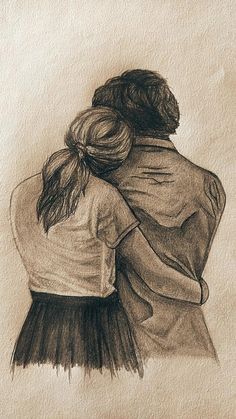 a drawing of two people hugging each other with their arms around one another, and the woman's back to the camera