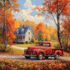 a painting of an old red truck parked in front of a white house with autumn leaves on the ground