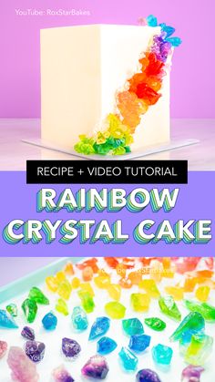 Square rainbow crystal cake - A cake bursting with crystals! These candy look like rock crystals and geodes but they're soft gummy centered with a crunchy sugary outside. The shell becomes matte and opaque which again is in contrast to the inside which is shiny, lustrous, and translucently gem-like! They're Kohakutou crystals [plays the powerpuff girl theme song in mind - no clue why]

Decorate a Rainbow Kohakutou Edible Jelly Crystal Cake with me! Cake With Crystals Rock Candy, Gemstone Cake Ideas, Gemstone Birthday Cake, Gem Cake Ideas, Geode Themed Birthday Party, Crystal Cake Ideas, Crystal Party Theme, Crystal Birthday Cake