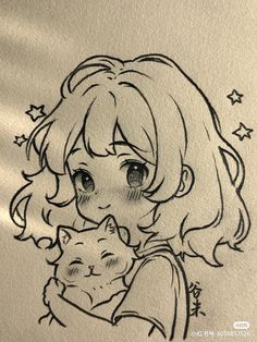 a drawing of a girl holding a cat