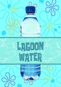 a bottle of water sitting on top of a blue and green background with the words lagoon water