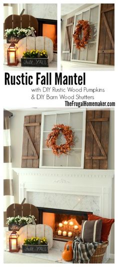 the fireplace is decorated for fall with candles and wreaths