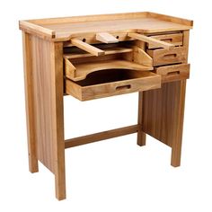 a small wooden desk with drawers on it