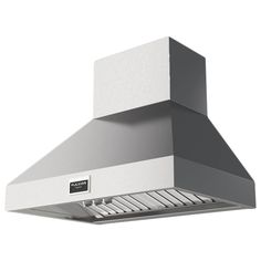 a stainless steel range hood with an exhaust fan on the front and back side,