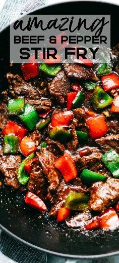 beef and peppers stir fry in a skillet with the words amazing beef and pepper stir fry