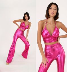 "Metallic bell bottoms pants and crop set are extremely stunning with wonderful fuchsia color! At all dance and music parties, especially rave and  parties, festivals, birthdays, bachelorette parties and nightclubs... Wherever you want to shine, it's the perfect choice for you. With metallic flare pants, you can easily adapt to the parties of the 1970s and 1980s.  You can choose our hanging crop or bell sleeve crops. For purchase as separate parts, please visit our page. The inner seam length is prepared as 34.7\"/88 cm. If you wish, you can specify the inner seam size. If your order is urgent, please ask for stock for colors if you want to receive it in a few days. Even if our fabrics are finished, we supply for you in a short time. Fabrics are constantly finished and restocked. If you ne Disco Clothing, Rave Outfit Women, Rave Outfits Women, Bell Bottoms Pants, Coachella Party, 80s Disco, Color Splash Photography, Rave Outfit, Disco Outfit