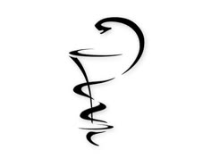 a black and white image of a spiral design on a white background with the word's name written in cursive writing