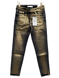 Top Seller for ZARA NEW WOMAN Z1975 SKINNY MID-RISE FOIL JEANS PANT FRAYED BLACK GOLD 1934/025, Women's Clothing Casual Gold Pants For Fall, Gold Stretch Pants For Fall, Gold Pants For Fall, Trendy Gold Bottoms For Fall, Trendy High Waist Gold Pants, Casual Stretch Gold Pants, Casual Gold Straight Leg Pants, Metallic Straight Leg Jeans For Fall, Spring Party Metallic Jeans