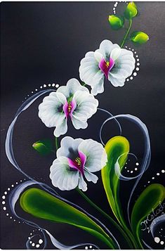 a painting of white flowers on a black background