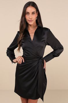 You'll be ready for the art gallery when you slip into a stunning look like the Lulus Painterly Perfection Black Satin Wrap Mini Dress! Sleek woven satin shapes this stunning dress that has long sleeves with button cuffs and a collared neckline. Wrap-style bodice secures at the waist with an internal tie and an external sash tie, atop a flaring skirt with a mini hem. Fit: This garment fits true to size. Length: Mid-thigh. Size medium measures 36.25" from shoulder to hem. Bust: Great for any cup size. Waist: Fitted - very fitted at natural waist. Hip: Not Fitted - room for hips. Undergarments: May be worn with any standard bra. Fabric: Fabric has no stretch. Lined. Shell: 95% Polyester, 5% Spandex. Lining: 100% Polyester. Hand Wash Cold With Like Colors Separately. Do Not Bleach. Line Dry. Mini Dress Satin, Wrap Mini Dress, Lulus Dresses, Satin Slip, Satin Slip Dress, Lulu Dresses, Mini Wrap Dress, Satin Dress, Dress 100