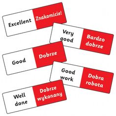 three labels with words that say good, bad, and dobra in different languages