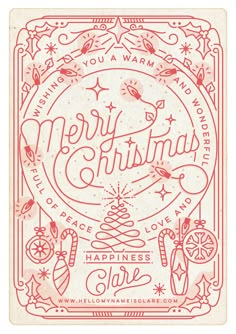 a christmas card with the words merry christmas written in red and white, on a beige background