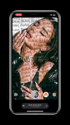 an image of a woman with tattoos on her chest and hands behind her head, holding a cell phone in front of her face