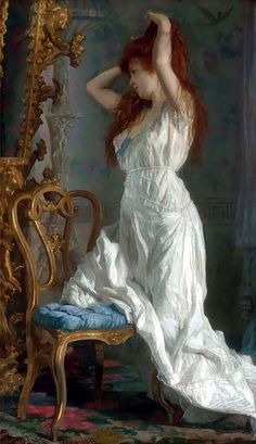 a painting of a woman in white dress sitting on a chair with her hair blowing