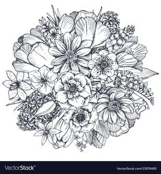 a bouquet of flowers in black and white on a white background, hand drawn illustration