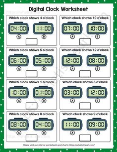 the digital clock worksheet is shown in green and white