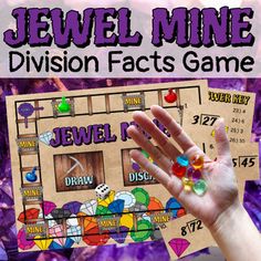 the jewel mine division fact game is displayed in front of a purple background with an image of