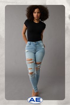 Next Level Stretch/Our softest, stretchiest, never-loses-its-shape denim/Won't bag out. Ever./Light wash/Ripped Everyday High Waist Ripped Bottoms, Stretch Distressed Bottoms For Everyday, Everyday Stretch Distressed Bottoms, Distressed Stretch Bottoms For Everyday, High Waist Ripped Jeans For Everyday, Everyday Stretch Distressed Jeans, Casual Stretch Ripped Jeggings, Trendy Light Wash Jeggings For Everyday, Everyday Ripped High Waist Jeans