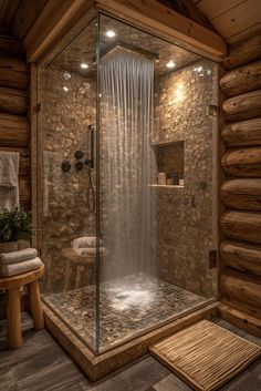 a rustic bathroom with stone walls and wood flooring, including a walk in shower