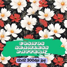 an image of white and red flowers on a black background with the words ostros seamless pattern below it