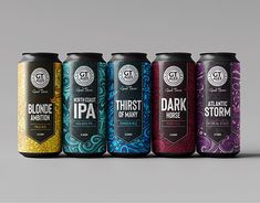 six cans of different flavored beverages lined up in a row on a gray background