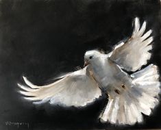 a painting of two white doves in flight