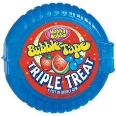 bubble tape triple treat with fruit on the inside, in blue plastic container and white background