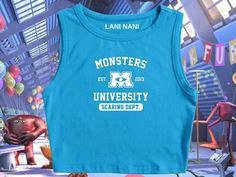 Monsters Inc Inspired Crop Tank Disney Vacation Shirt - Etsy Monsters Inc Running Shirt, Cheap Blue Disney Shirt, Cheap Disney Tops For Summer, Cute Cheap Tops For Disney Trips, Disney College Shirt, What To Wear To Disney, Crop Tanks, Disney Trip Outfits, Disney Outfits Women