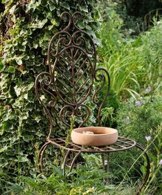 an iron chair with a bowl on it sitting in the middle of a lush green garden