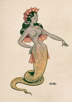 a drawing of a mermaid with an umbrella on it's head and arms outstretched