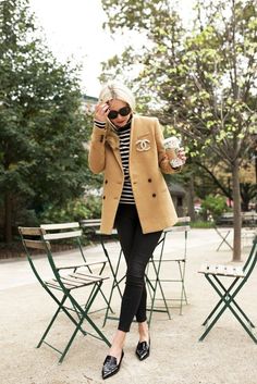 black + white + camel Camel Blazer, Chanel Dress, Striped Turtleneck, Coco Chanel, Outfits Casuales, Striped Shirt, Paris Fashion