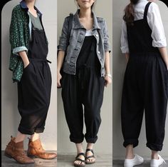 Black Overalls Outfit, Celana Jogger Wanita, Style Overalls, Harem Trousers, Black Overalls, Loose Jumpsuit, Jeans Jacket, Indie Outfits, Long Jumpsuits