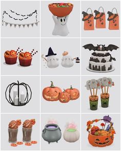 many different halloween decorations are shown in this image, including cupcakes and pumpkins