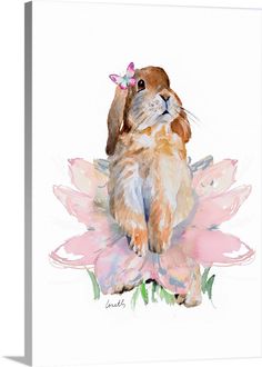 a watercolor painting of a rabbit sitting on top of a pink flower with a butterfly in its mouth