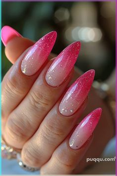 Get inspired with pink ombre nails! Explore trendy nail designs and achieve a stunning look with our expert tips and ideas. Glittery Ombre Acrylic Nails, Glitter Hot Pink Nails, Fuschia Ombre Nails, Hot Pink Ombré Nails, Pink Ombre Nails With Glitter, Lovecore Nails, Hot Pink Nail Design, Pink Glitter Ombre Nails, Pink Ombre Nail Designs