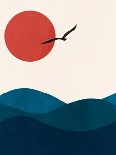 a bird flying over the ocean with a red sun in the sky and blue water