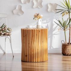 three potted plants in front of a white wall and wooden table with vases on it