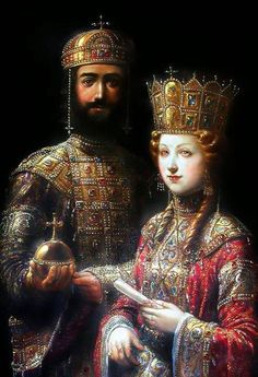 a painting of a man and woman dressed in medieval clothing