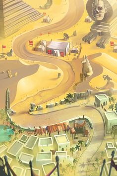 an illustration of a desert town surrounded by palm trees and other small buildings in the distance