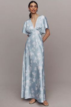 BHLDN Leila Deep-V Flutter-Sleeve Satin A-Line Gown | Anthropologie Blue Mother Of The Bride, Bride Jacket, Charmeuse Dress, Sleek Dress, Wedding 2025, Bride Groom Dress, Bridesmaids Dress, Dresses Blue, Dress Inspo