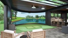 an artist's rendering of a golf course in the living room and kitchen area