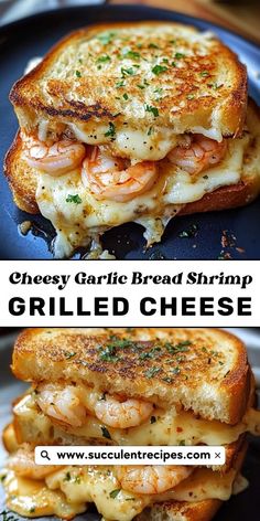 grilled cheese sandwich with shrimp on top and cheesy garlic bread in the middle