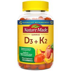 Nature Made Vitamin D3 + K2 Gummies, with 5000 IU (125 mcg) Vitamin D per serving, are an easy and enjoyable way to add a K2 D3 vitamin supplement to your daily routine. Vitamin D3 supports bone, teeth, muscle and immune health. Vitamin K2 and D3 work together to make activated proteins that support healthy vascular function. Adding K2 to Vitamin D3 helps direct Calcium to bones, and Vitamin D3 with K2 works better for bone health when taken together than Vitamin D3 alone. These Vitamin D3 K2 Nature Made Vitamins, Multivitamin Supplements, Beauty Supplement, Vitamins For Energy, Gummy Vitamins, Healthy Eyes, Vitamin K2, Period Pain, Artificial Sweeteners