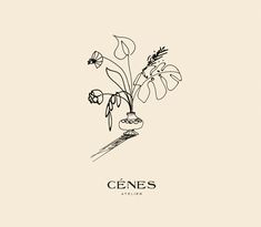 a black and white drawing of flowers on a beige background with the words cenes